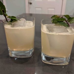 Two cocktails in rocks glasses with ice cubes, garnished with fresh mint sprigs.