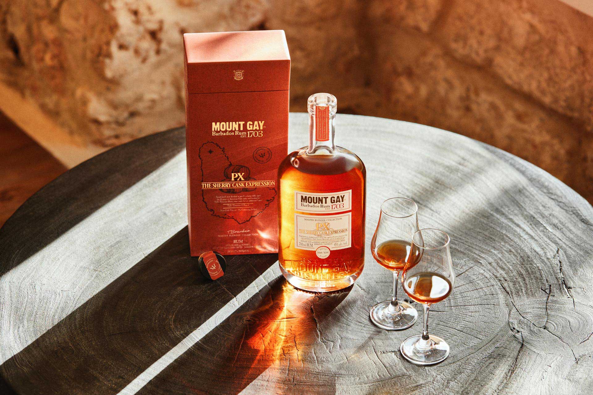 Mount Gay PX Sherry Cask Expression Bottle with Box and 2 wine bottles with nice shadow lightings
